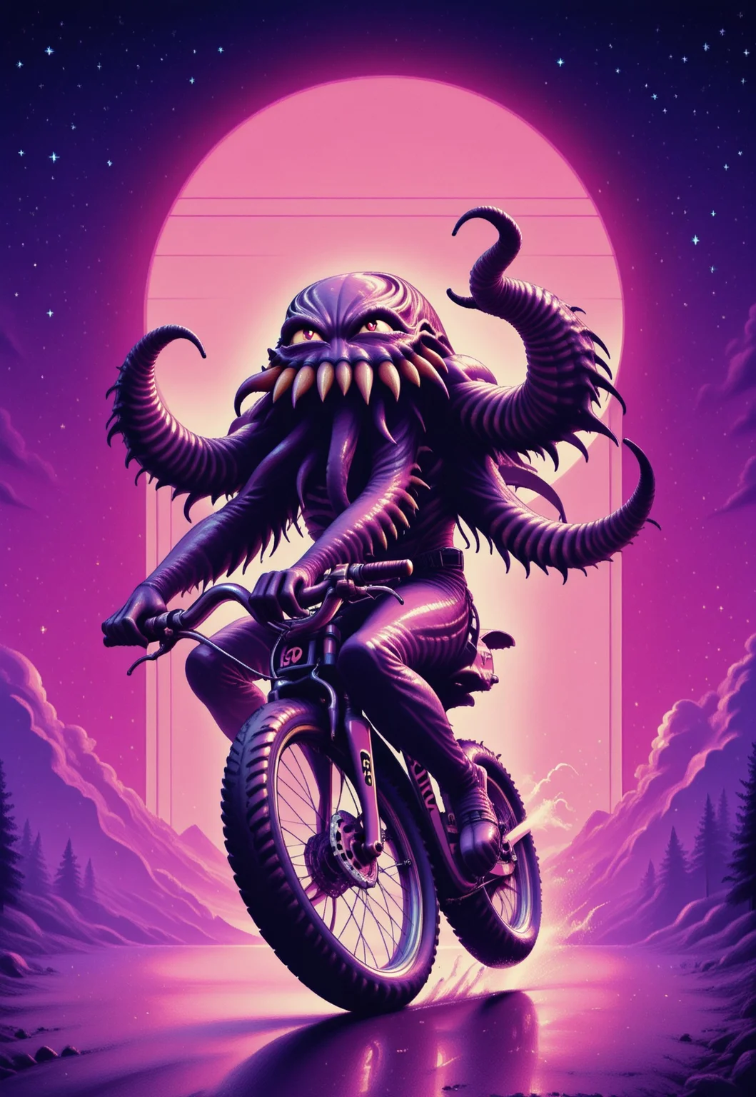 pc98, in the style of ck-rw, side view, ultros, monster, solo, no humans, riding motorcyle, at night, starry night,
masterpiece,best quality,amazing quality