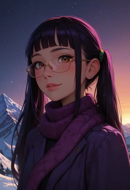 score_9_up, score_8_up, score_7_up, score_6_up, 1girl, 25 years old, perfect face, cute, petite,
detailed face, blush, shy smile, portrait, face focus, depth of field, looking at viewer, close up,   
brown eyes, 
(purple hair:1.2), very long hair, twintails, sidelocks, blunt bangs, green ribbon, floating hair, 
glasses, rectangular eyewear, purple coat, purple scarf, 
mountains, scenery, winter, snow, sun,