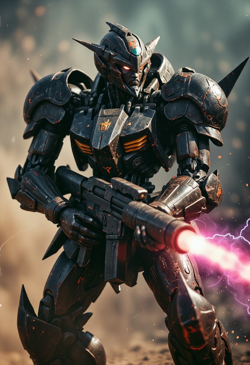 Bleaked Orange n30nfilm, Upper body shot of a dark, menacing mechanical space knight in the midst of an intense battle scene. His intricately designed, battle-worn Gundam_Barbatos, B4RBAT0S helmet exudes a sense of dread, with shadowed eyes and faint dark energy trails seeping from within. The knight grips a massive, terrifying weapon in his hands, its surface covered in sharp, angular, and sinister details. Dark energy crackles along the length of the weapon as it prepares to unleash a devastating blast. At the end of the barrel, energy is visibly gathering and glowing with a dark turquoise and pink aura, casting an eerie light over the scene. The weapon hums with power, and the air around it vibrates with the anticipation of the impending shot. Volumetric lighting accentuates the ominous atmosphere, while shadows dance across the knight’s armor and weapon, heightening the sense of malevolent power. Dust and debris swirl around, creating a chaotic, dystopian backdrop as the knight stands poised to strike with overwhelming force.