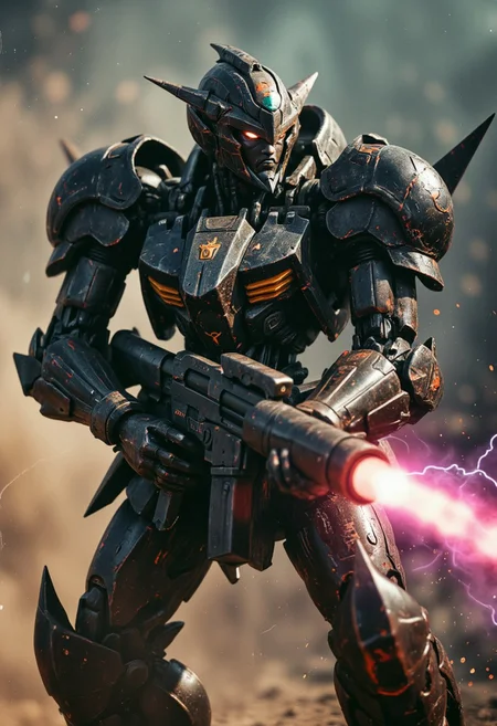 Bleaked Orange n30nfilm, Upper body shot of a dark, menacing mechanical space knight in the midst of an intense battle scene. His intricately designed, battle-worn Gundam_Barbatos, B4RBAT0S helmet exudes a sense of dread, with shadowed eyes and faint dark energy trails seeping from within. The knight grips a massive, terrifying weapon in his hands, its surface covered in sharp, angular, and sinister details. Dark energy crackles along the length of the weapon as it prepares to unleash a devastating blast. At the end of the barrel, energy is visibly gathering and glowing with a dark turquoise and pink aura, casting an eerie light over the scene. The weapon hums with power, and the air around it vibrates with the anticipation of the impending shot. Volumetric lighting accentuates the ominous atmosphere, while shadows dance across the knight’s armor and weapon, heightening the sense of malevolent power. Dust and debris swirl around, creating a chaotic, dystopian backdrop as the knight stands poised to strike with overwhelming force.