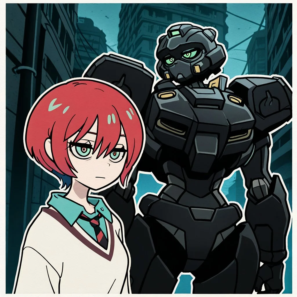 masterpiece, best quality, amazing quality, very aesthetic, absurdres, highres, newest, anime, 1girl, gundam_gquuuuuux_amate_yuzuriha, red hair, short hair, hair between eyes, green eyes, school uniform, front view, looking back, mecha, ruined city, TCOAALStyle, White Outline,