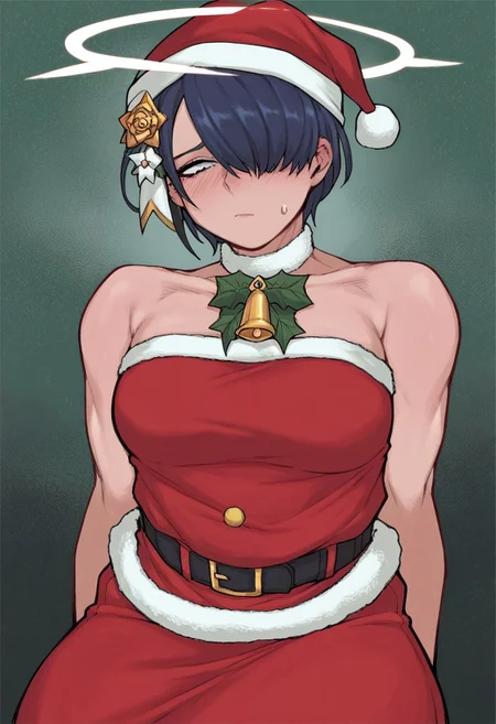 score_9, score_8_up, score_7_up, source_anime, 1girl, solo, muscular, htarchangel, hair over one eye, white halo, santa hat, santa_dress, shy, nevous, looking the other way