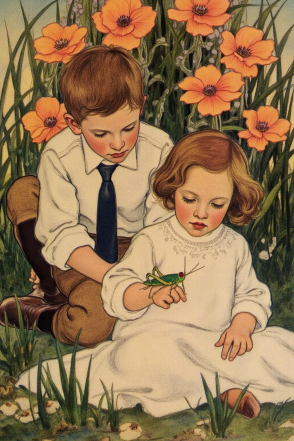 shippengreen1 illustration.
Two young children, a boy and a girl, in a lush natural setting with tall grass and vibrant orange-red poppies in the background.
The boy, on the left, has short hair and is dressed in a white shirt with rolled-up sleeves, a dark tie, and brown trousers.
There is a grasshopper on the girl's hand.
 <lora:shippengreen1_cap_d6a3:1.0><lora:837358558162033616:0>
