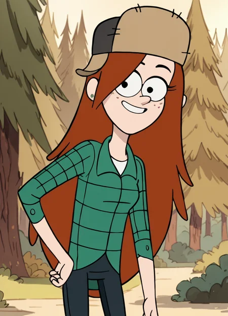 <lora:WendyCorduroyPony1.0:1>wendy, long hair, 1girl, orange hair, solo, green shirt, freckles, earrings, fur hat, smile, pants, tree, outdoors, looking at viewer, hand on own hip, cowboy shot,, score_9, score_8_up, score_7_up, score_6_up, score_5_up, score_4_up