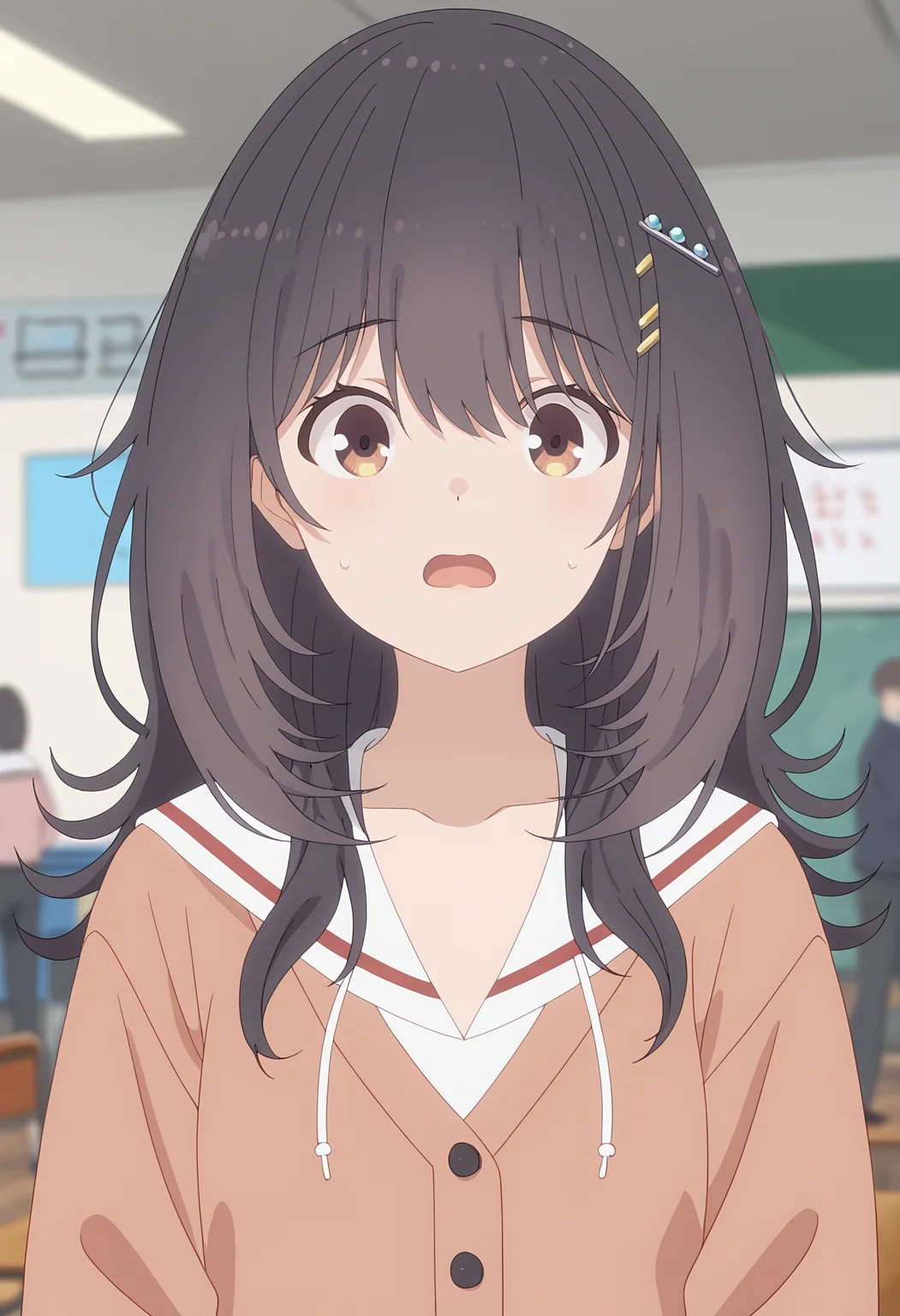 <lora:Mako KAWAI-000038:1>,
Mako KAWAI,hair ornament,white sailor collar,sailor collar,school uniform,long hair,blurry background,sweatdrop,collarbone,blurry,open mouth,indoors,solo focus,upper body,looking at viewer,jacket,1girl,solo