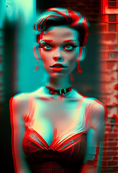 (real life, 1girl, 1950s pinup, seductively  looking at the viewer, clean brick red environment, grim style, horror lens effect, jarring optical effect, layered effects, dark shadows, hazy, grainy:1.2), (above pov, a woman looking aroused and eager, shocked, caped crusader, dark natural natural colors, HDR, 5mm:1.2), (glitch art by (Hans Feurer:1.1) and (Roe Ethridge:1.2)), glowing blue on black,
