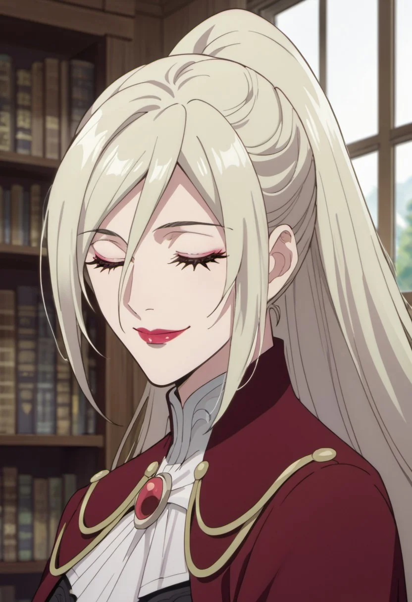 score_9, score_8_up, score_7_up, source_anime, elynsia teos rave, long hair, light blonde hair, 1girl, closed eyes, solo, smile, bookshelf, ponytail, hair between eyes, lipstick, indoors, window, makeup