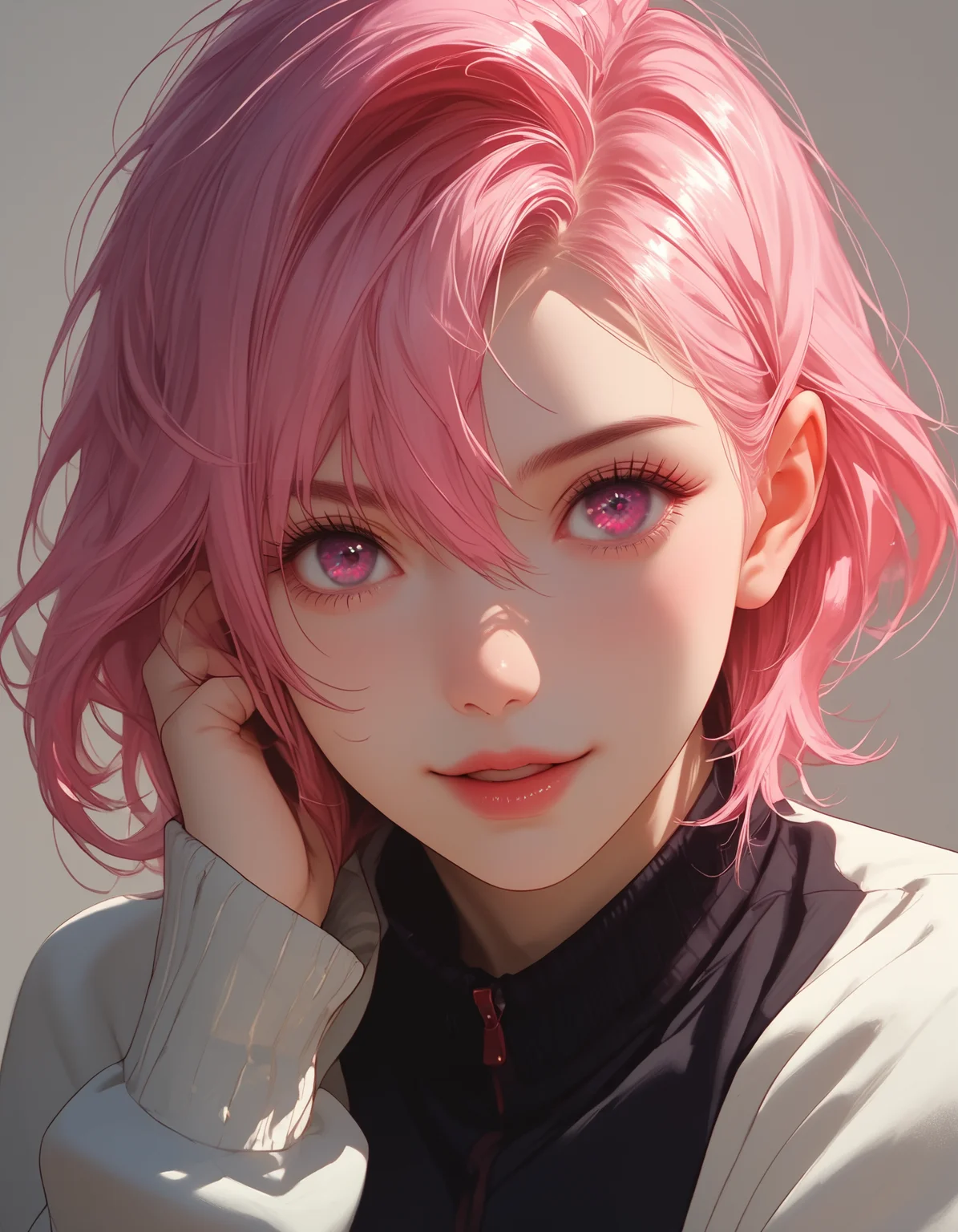 zPDXLxxx, Expressiveh,
shiratori aira, pink hair, short hair, pink eyes, solo, open mouth, 1girl, hair between eyes, looking at viewer, long sleeves, jacket, school uniform,
small breasts, natural sagging breasts,
score_9, score_8_up, score_7_up,score_6_up,
highres, high quality, perfection, masterpiece, detailed, source_anime, simple white background, 1girl, solo, front view portrait, face focus, intricate features, beautiful girl, young adult, youthful, petite body, detailed face, beautiful face, innocent face, eyelashes, perfect eyes, detailed eyes, medium breasts, clothed, standing, smiling, looking at viewer,
