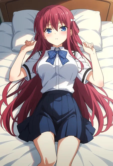 score_9, score_8_up, score_7_up, source_anime, 2d, Amane Suou, 1girl, burgundy hair, long hair, blue eyes, big breasts, white hair ornament, blue ribbon, white shirt, school uniform, anime coloring, anime screencap, detailed eyes, zPDXL, perfect faces, uncensored, rating_explicit, <lora:amane_suou_0-000030:1>, lying on bed, bedroom, hands up, skirt,