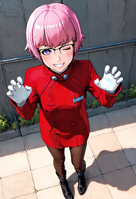 <lora:sdxl_lightning_8step_lora:1> <lora:Fixhands_anime_bdsqlsz_V1:1>score_9, score_8_up, score_7_up, source_anime, intricate details, perfect anatomy BREAK
1girl, solo, gis-esakipurin, pink hair, short hair, purple eyes, black-framed eyewear, red coat, white gloves, gis-esakipurin outfit, brown pantyhose, black boots,
from above, claw pose, Naughty, A mischievous grin, a wink, and a playful attitude., outdoors, 
<lora:gis-esakipurin_XL(pony)fix:0.9>