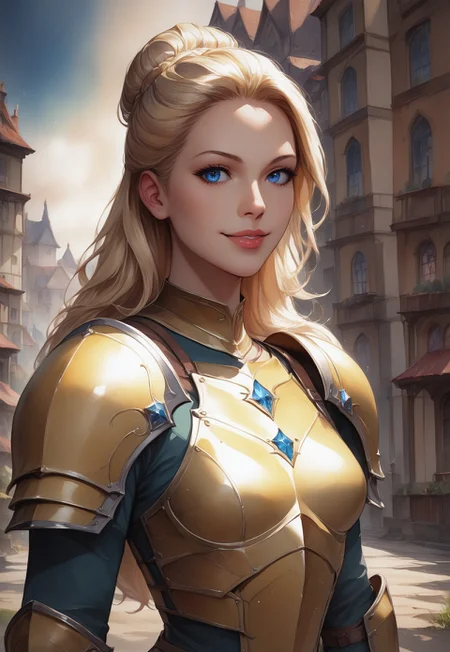 safe_pos, score_9, score_8_up, score_7_up, blonde hair, long hair, small breasts, blue eyes, detailed eyes, perfect eyes, detailed face, perfect face, looking at the viewer, dynamic pose, village, buildings, smile, yellow armor, massive armor, lips closed, gauntlet, holding a shield, massive yellow shield, upper body shot, tall woman, detailed background, watercolor painting, traditional media,