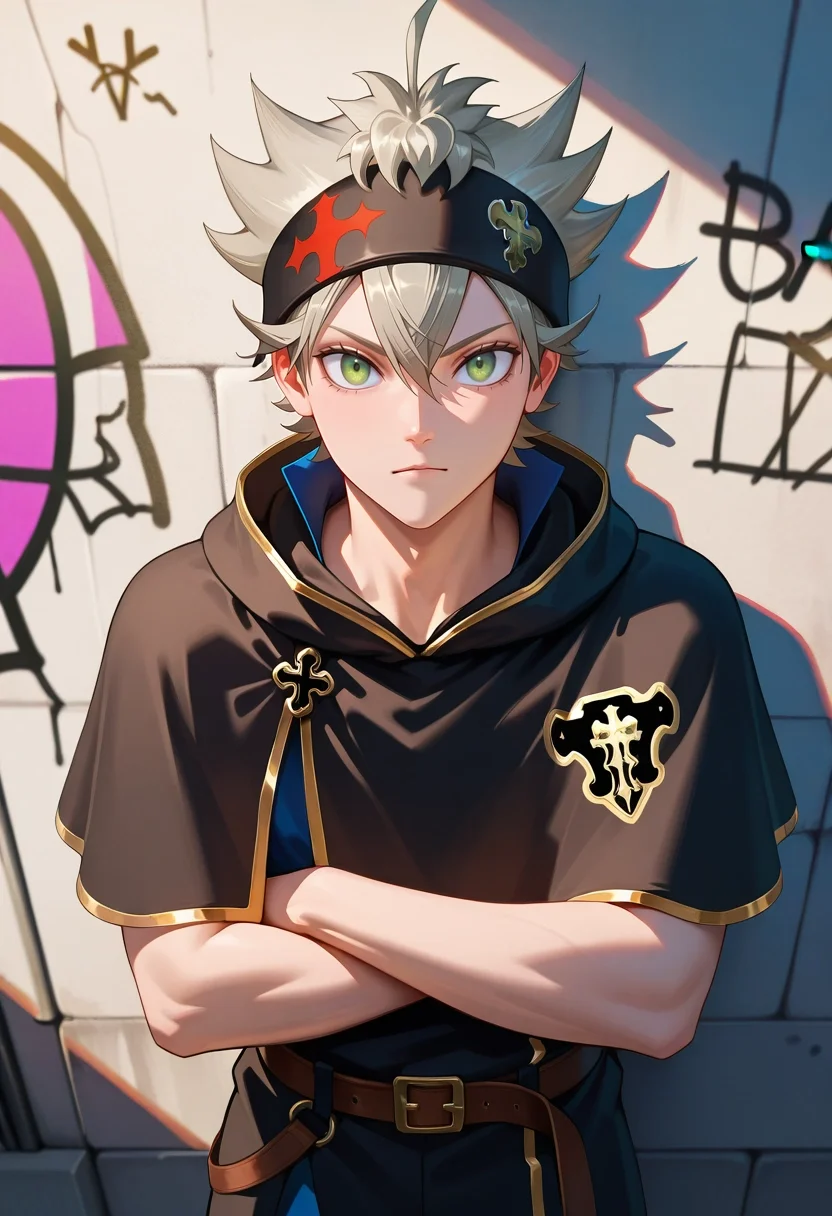 masterpiece, best quality, intricate details, semi-realistic, looking at viewer, 1boy, solo, male focus, <lora:asta_black_clover_ilxl:1>, asta_black_clover, grey hair, green eyes, short hair, spiked hair, black headband, black capelet, urban alley, graffiti walls, leaning against wall, arms crossed, casual expression, afternoon glow, christmas costume