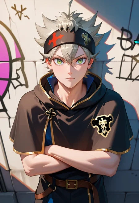 masterpiece, best quality, intricate details, semi-realistic, looking at viewer, 1boy, solo, male focus, <lora:asta_black_clover_ilxl:1>, asta_black_clover, grey hair, green eyes, short hair, spiked hair, black headband, black capelet, urban alley, graffiti walls, leaning against wall, arms crossed, casual expression, afternoon glow, christmas costume
