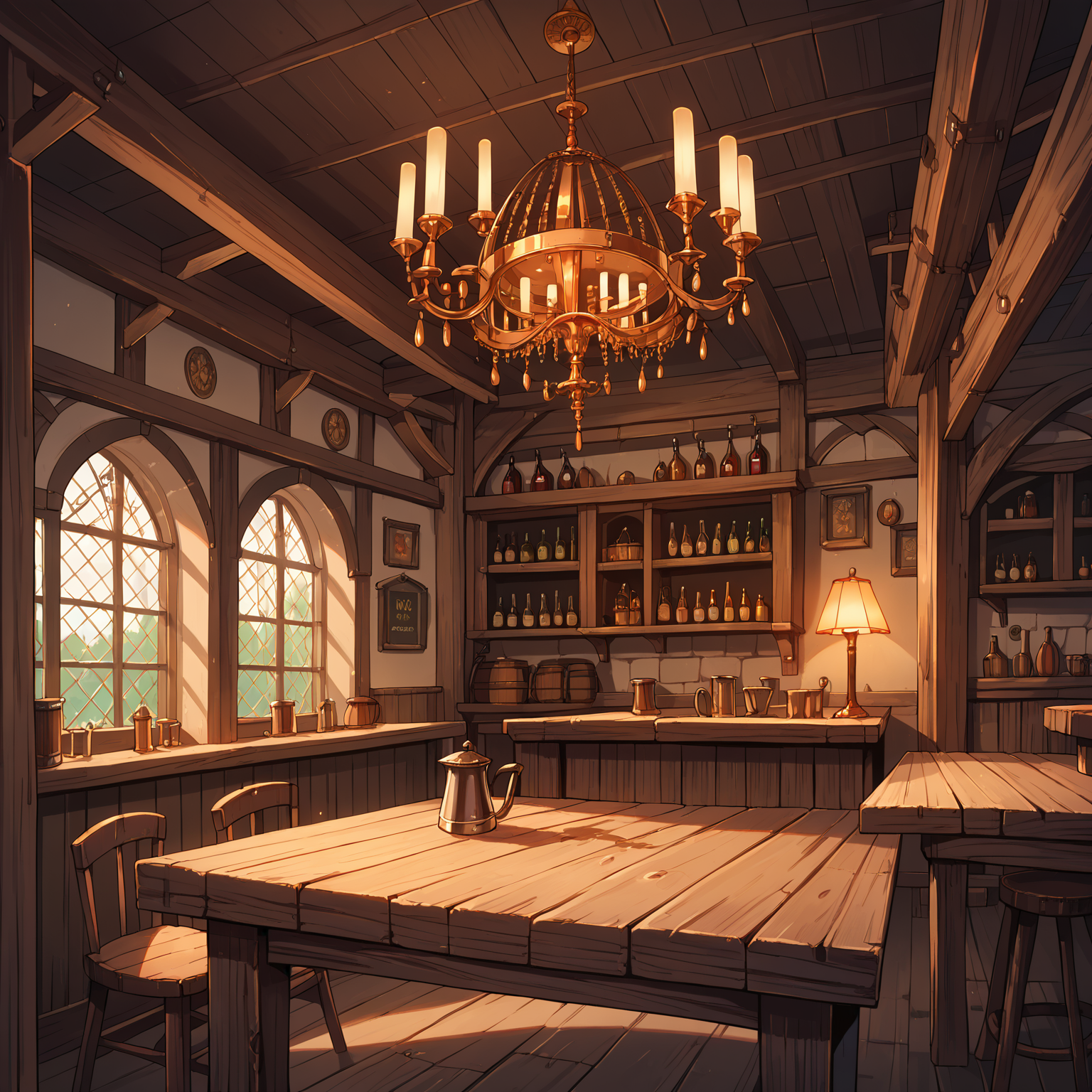 score_9, score_8_up, score_7_up,source_anime,  <lora:IL_Vintage_Tavern:0.7> vinbmf, scenery, vintage, medieval, wooden tables, tavern, counter, red lamps, dark, red tapestry, small chandelier