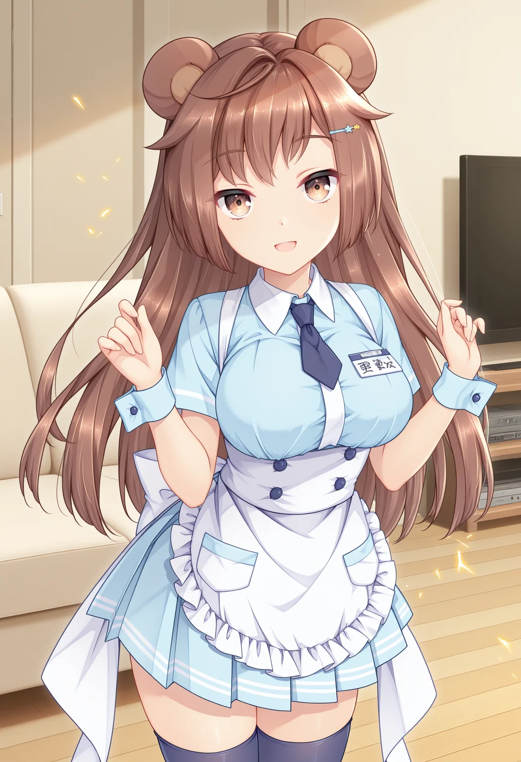 masterpiece, best quality, amazing quality,  BREAK<lora:Puff:1> pifpuf, 1girl, brown hair,long hair, animal ears, bear ears, brown eyes, medium breasts,star hairclip,light blue shirt, white collar,name tag,dark blue necktie, waist apron, short sleeves, blue wrist cuffs, back bow, white bow, pleated skirt, light blue skirt, frills, hands up,smile,open mouth,indoors,sparks,shelves,sofa,tv,looking at viewer, dark blue thighhighs,zettai ryouiki