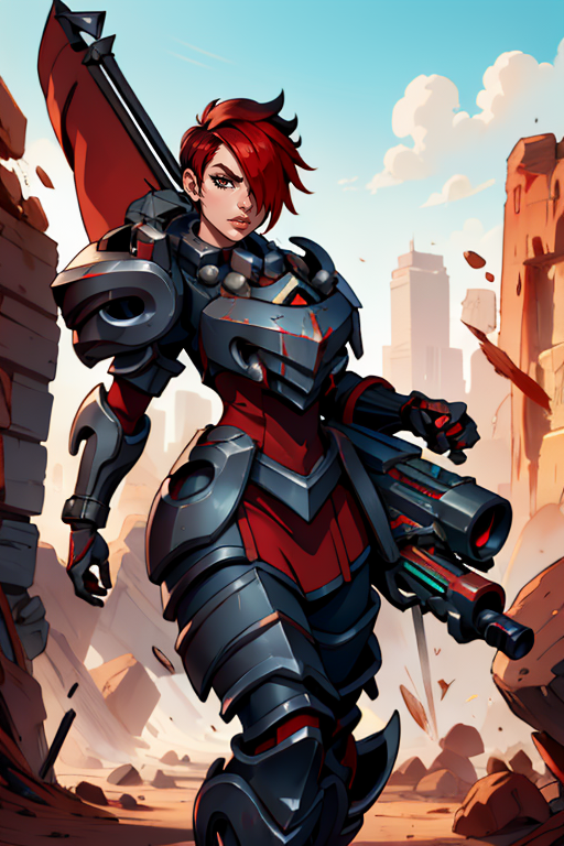 masterpiece,best quality,extreme detail,8k,image sharpness,<lora:ash:0.8> ash2, 1girl, solo, short hair, weapon, red hair, armor, hair over one eye, two-tone hair, lips, gun, scar, pauldrons, greaves, huge weapon, power armor