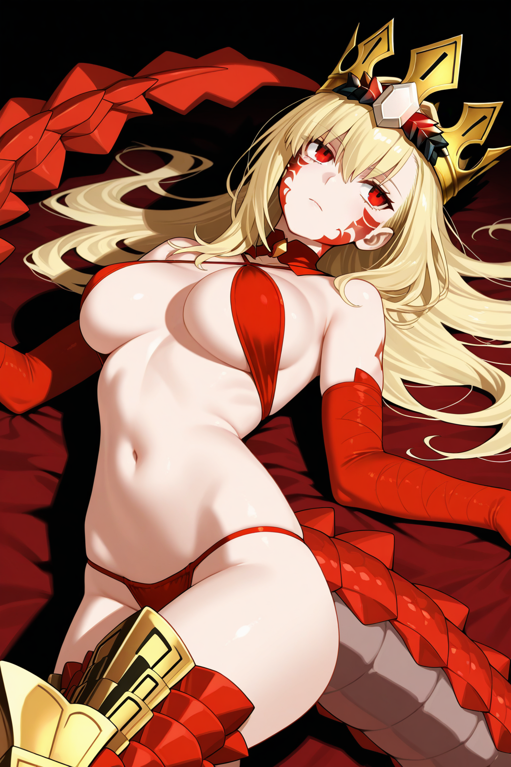 nero claudius \(fate\), queen draco \(fate\), queen draco \(second ascension\) \(fate\), 1girl, aged up, bikini, blonde hair, breasts, crown, dragon tail, elbow gloves, expressionless, facial mark, gloves, looking up, lying, navel, on back, red bikini, scales, solo, swimsuit, tail, masterpiece, best quality, very aesthetic