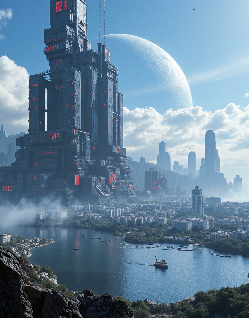 <lora:Space_Worlds_01__Poetic_fluxbeta4:1> sw01p_flux. A photo. On a planet with clouds, there is a large cyberpunk city with very hight dark blue buildings covered by red neons and red and white kanji. A large lake is in front of an other cyberpunk city with white buildings that reflect in the water. A planet is visible in the sky . There are tiny boats on the lake and tiny airships in the space sky.