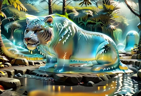animal_guardian, tiger, a white tiger with black stripes, Tiger made out of slime, slime tiger in a jungle, jungle made out of slime,
natural light, no bright spots,
((translucent slime)), ((transparent slime)), made of water, (bioluminescent slime), sl1m3, slime, slime-morph, ais-blmn, saturated colors, no creatures, no humans, no monsters, no pokemon, scenery only, scenery, ral-lava, watce