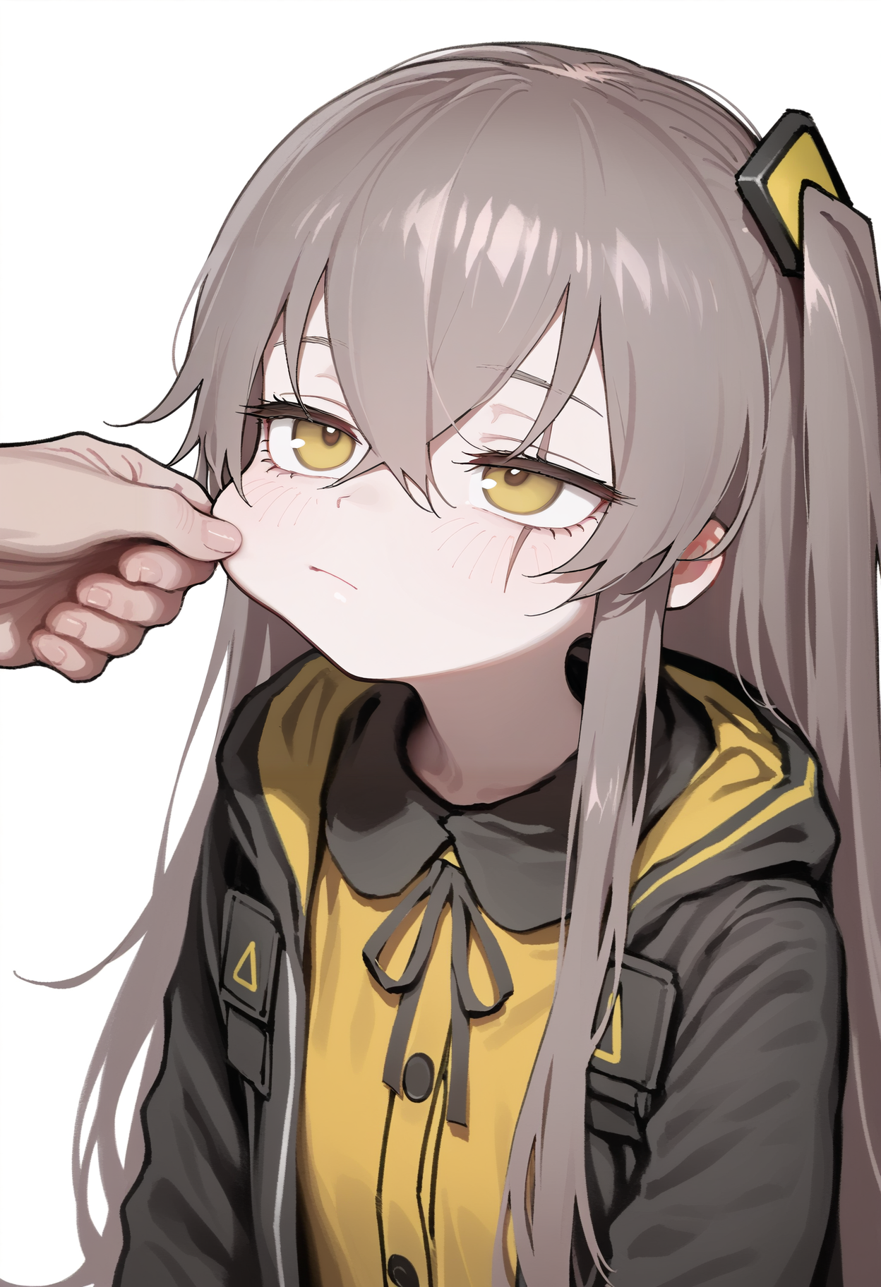nikukyu,
ump45 \(girls' frontline\), 1girl, long hair, blush, simple background, shirt, brown hair, hair ornament, white background, ribbon, hair between eyes, closed mouth, jacket, upper body, yellow eyes, grey hair, solo focus, hood, black jacket, neck ribbon, black ribbon, one side up, scar, hooded jacket, scar on face, scar across eye, pinching, cheek pinching
, masterpiece, best quality, good quality,
<lora:ai_styles_collection_noob_eps-1.1-v5:1>