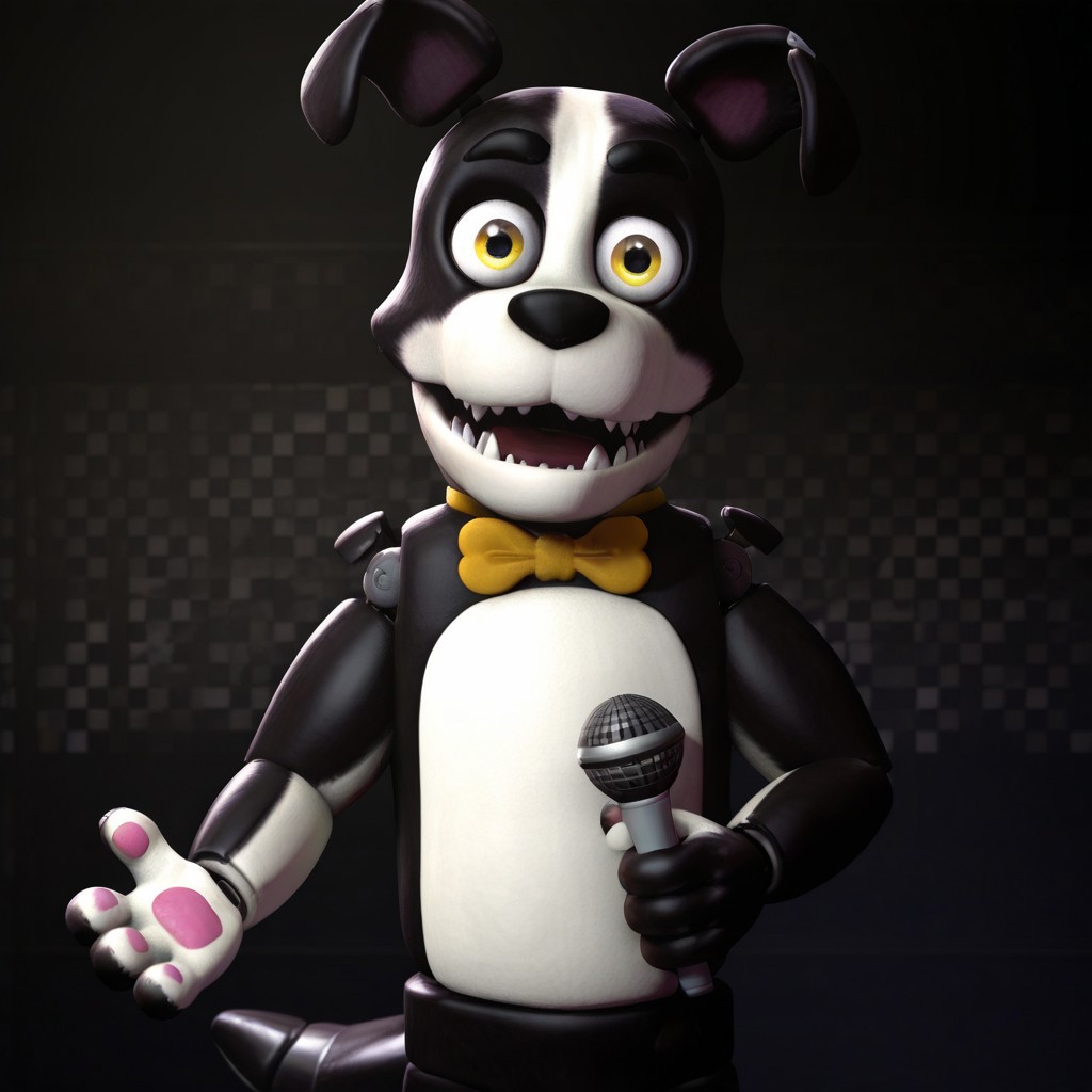 2d, solo, Dougthedog, animatronic, humanoid robot, black and white body, two-tone body, white feet, pink pawpads, dog ears, animal ears, canine, joints, yellow bowtie, black nose, yellow eyes, mechanical dog tail, sharp teeth
BREAK upper body focus, standing, looking at viewer, abstract background, happy, holding microphone 
BREAK best quality, amazing quality, very aesthetic, absurdres, newest
