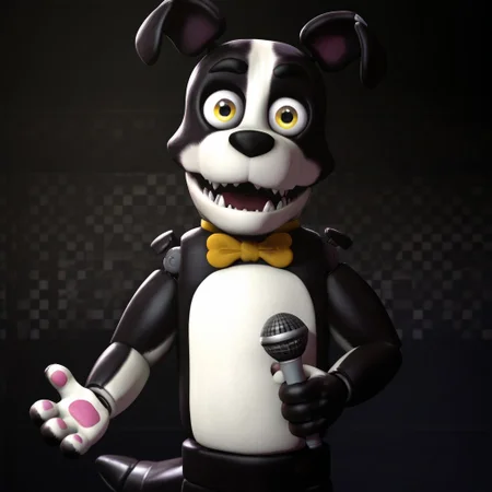 2d, solo, Dougthedog, animatronic, humanoid robot, black and white body, two-tone body, white feet, pink pawpads, dog ears, animal ears, canine, joints, yellow bowtie, black nose, yellow eyes, mechanical dog tail, sharp teeth
BREAK upper body focus, standing, looking at viewer, abstract background, happy, holding microphone
BREAK best quality, amazing quality, very aesthetic, absurdres, newest