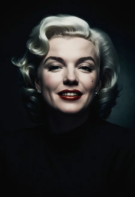 minimal moody closeup portrait of Marylin Monroe emerging from the shadows, closeup focus on the a wistful smile