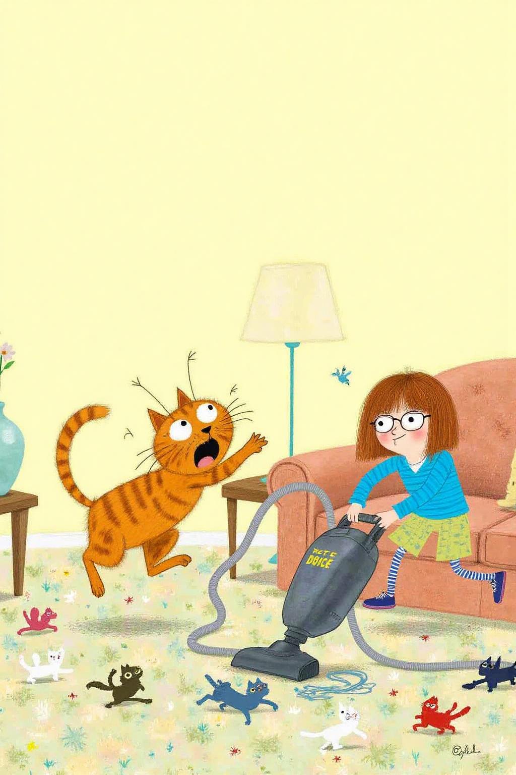 macha1 illustration. 
A humorous and dynamic illustration of a frightened cat in mid-sprint, fleeing from a woman wielding a vacuum cleaner. The cat, with its fur puffed out in sheer terror and wide, bulging eyes, is captured mid-leap, claws outstretched as if trying to claw its way to safety. Its tail is fluffed up like a bottle brush, emphasizing its panic.
The woman, in casual house clothes and a slightly exasperated expression, is bent forward, gripping the vacuum cleaner as it emits a loud whooshing sound. The cord of the vacuum trails behind her, snaking across the floor. The setting is a cozy living room, with a couch, a coffee table, and a scattering of cat toys on the floor. A few other humorous details, like a knocked-over vase or a trail of cat fur escaping the vacuum’s suction, add to the chaotic atmosphere. The colors are bright and playful, emphasizing the comedic nature of the scene. <lora:macha1_cap_d6a3e12:1.0><lora:827741112774031734:0>