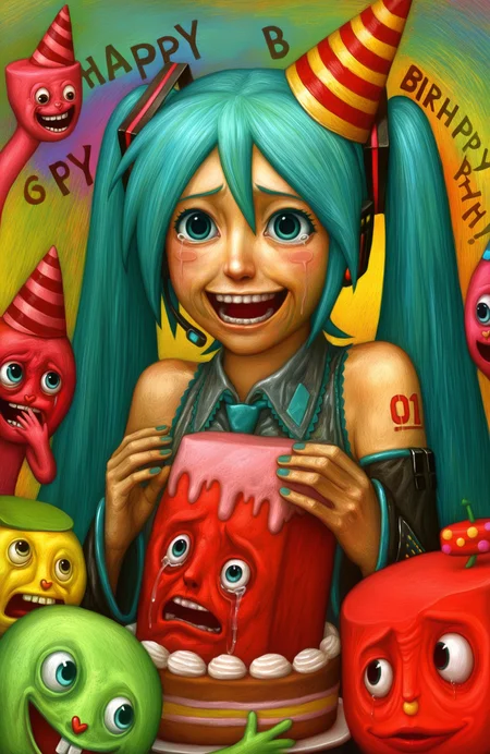 good quality, best quality, highres, masterpiece, painterly, comedy, parody, happy tree friends,
flaky \(happy tree friends\),hatsune miku, vocaloid, 1girl, aqua eyes, blue eyes, very long hair, aqua hair, long hair, twintails, detached sleeves, birthday, cake, party hat, serpentine, candyland, happy, smile, laughing, tears of laughter,
<lora:Melancholy illustrious:0.7>