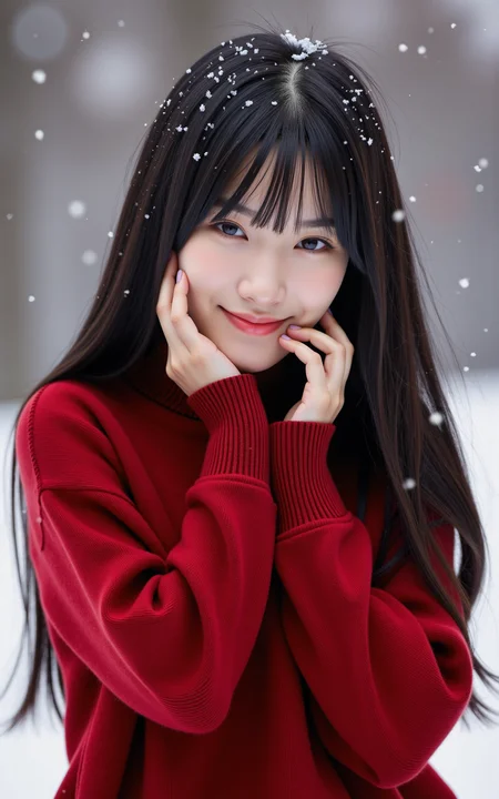 A black-haired girl wearing a red sweater,captured from a slightly low angle. She smiles gracefully,with one hand touching her cheek in an elegant,relaxed gesture. Snowflakes softly fall around her,some resting on her hair and shoulders. The winter background is blurred,enhancing the cozy atmosphere,realistic photography style.,
<lora:baby-base-01-flux:0.7>,baby,long black hair,bangs,she has a slender physique and a petite build,