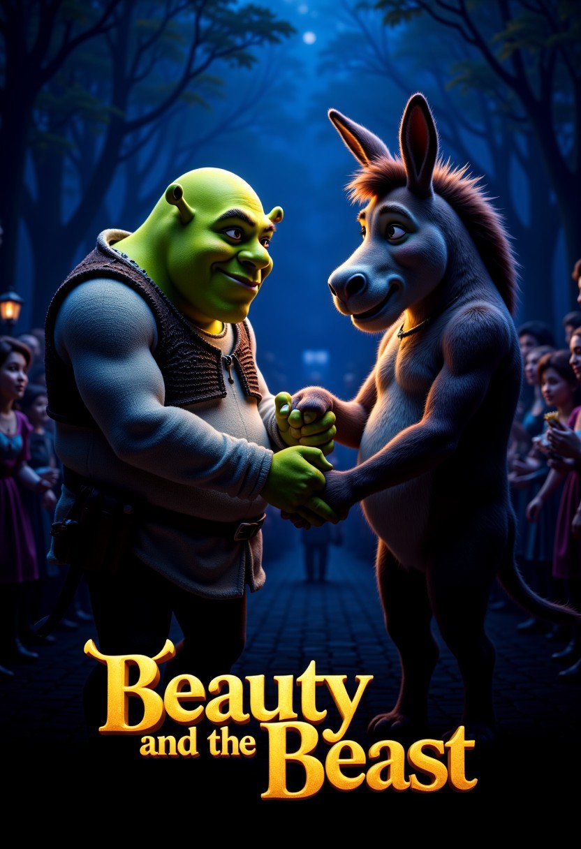 movie poster, Shrek and Donkey from Shrek movie, thay holding each others hand and lovely gaze to each other, the are in ceremony in night. At the bottom of the image, "beauty and the beast" is written in large and playful font and style.