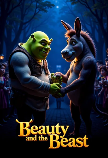 movie poster, Shrek and Donkey from Shrek movie, thay holding each others hand and lovely gaze to each other, the are in ceremony in night. At the bottom of the image, "beauty and the beast" is written in large and playful font and style.