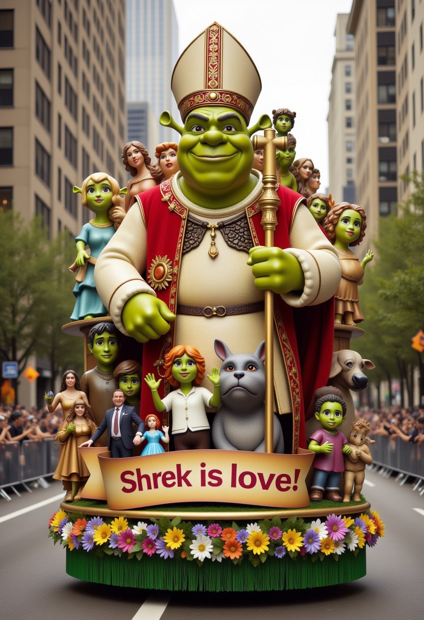 Realistic photograph capturing a vibrant, detailed Shrek dressed as the pope, themed parade float including banner with text "Shrek is love! Shrek is Life"
