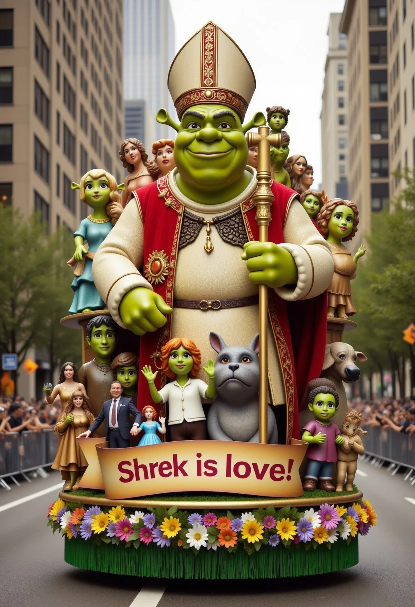 Realistic photograph capturing a vibrant, detailed Shrek dressed as the pope, themed parade float including banner with text "Shrek is love! Shrek is Life"