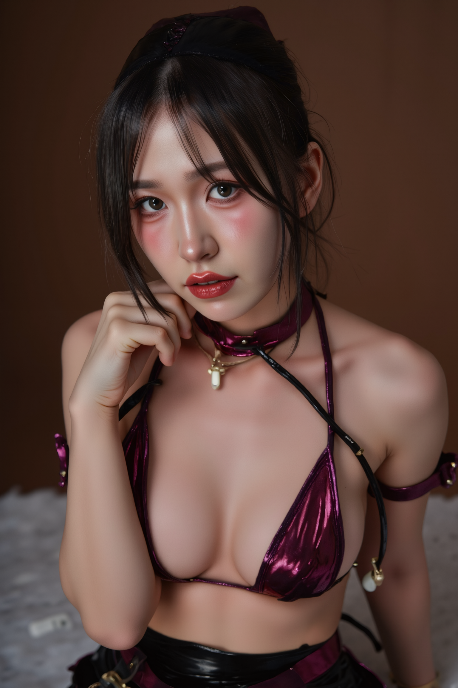 A professional, high-resolution image of a young woman seated comfortably on the floor, knees drawn close to her chest and embraced gently by her arms. Her head rests slightly tilted, with a soft, introspective gaze directed toward the camera, creating an intimate, thoughtful atmosphere.

She is wearing a SGWN68Clothing. Her makeup is dramatic, with dark eyeliner and bold, glossy pink lips. 

The lighting features a high-contrast, monochromatic white color scheme that creates a moody, intimate atmosphere. 

The photography technique uses what appears to be soft lighting to create a glamorous effect, with careful attention to highlighting contours while maintaining the dominant light brown color scheme throughout the frame.

The overall aesthetic combines elements of fashion photography, traditional Asian visual motifs, and contemporary boudoir styling. The dramatic light brown lighting creates a cohesive visual theme that ties all elements of the composition together.

The white light emit on her to show her feature.