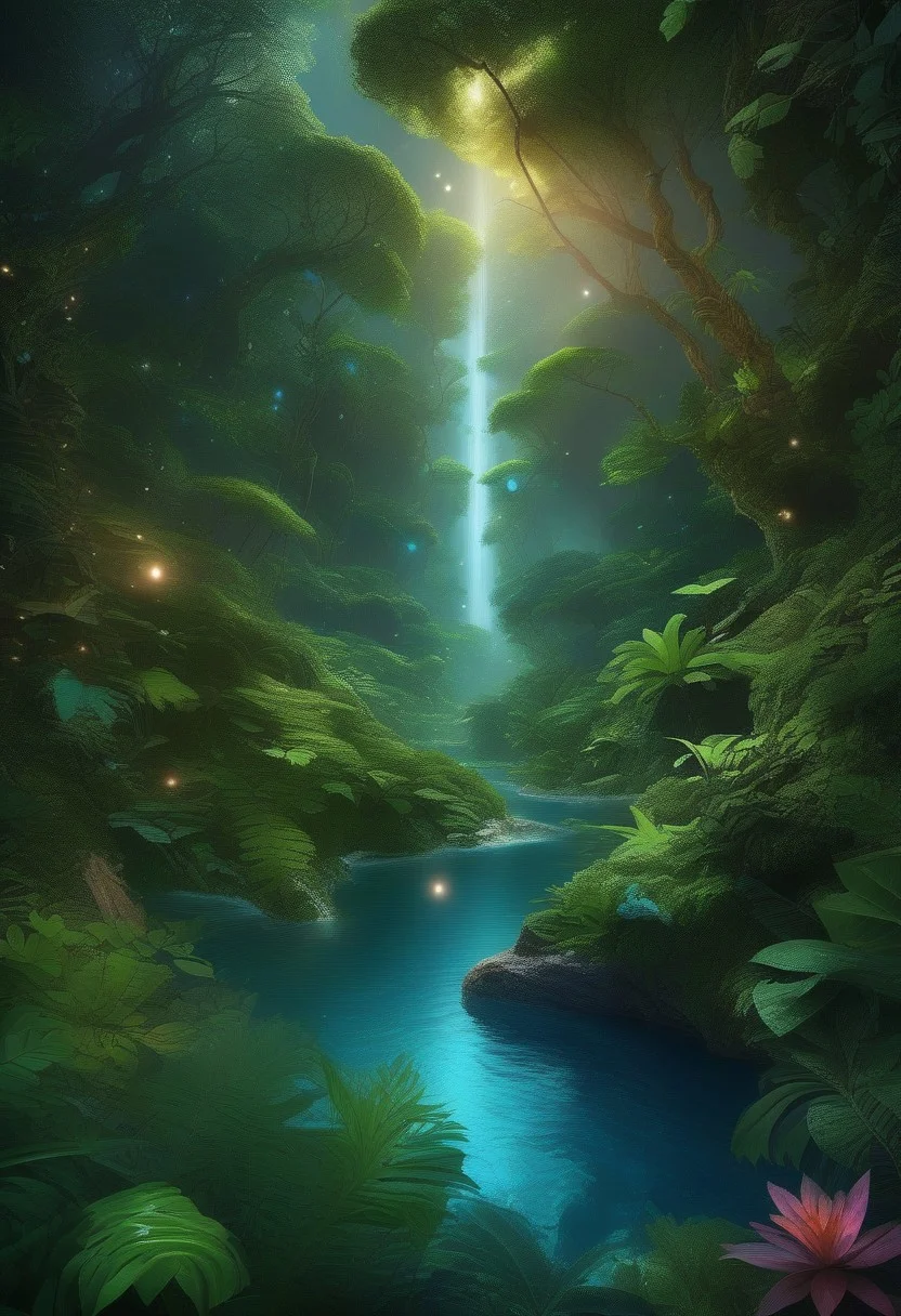 I think jungle with a large river running through, the river is made of galaxies, water is made of stars planets and galaxies, hyperrealistic, ultra-detailed
