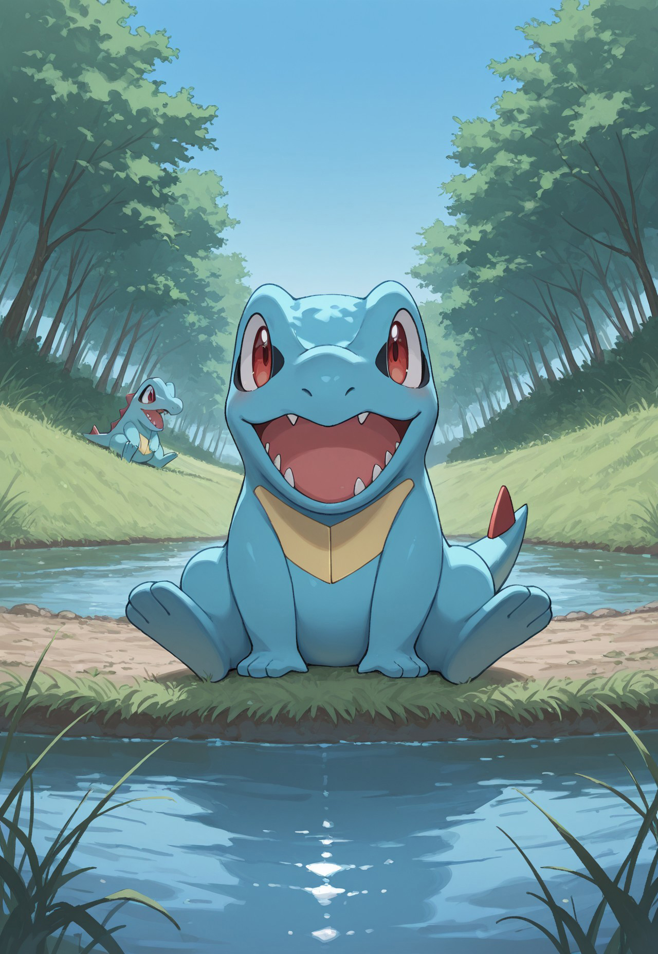 masterpiece, best quality, amazing quality, very aesthetic, absurdres, PKMN_Totodile, red eyes, blue skin, red spikes, multiple others, river, gras, blue sky, sitting, on ground, happy, dynamic pose, perspective, outdoors, plants,