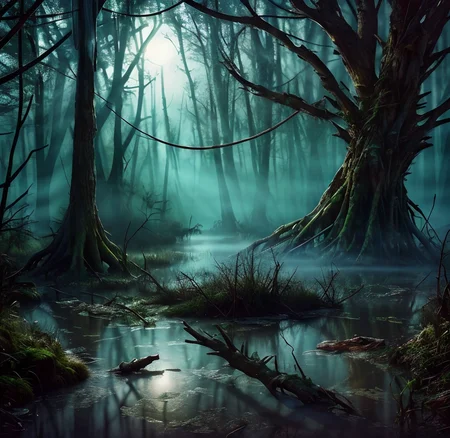 (masterpiece:1.2), (best quality,:1.2), 8k, HDR, ultra detailed, ((photorealistic)), professional light, cinematic lighting, fashion photography, ambient lighting, a dangerous swamp, dead trees, fog, magical moonlight, <lora:detail_slider_v4:3>, FanSwa, <lora:FantasySwamps-10:1>, ((perfect hands)), epiCPhoto