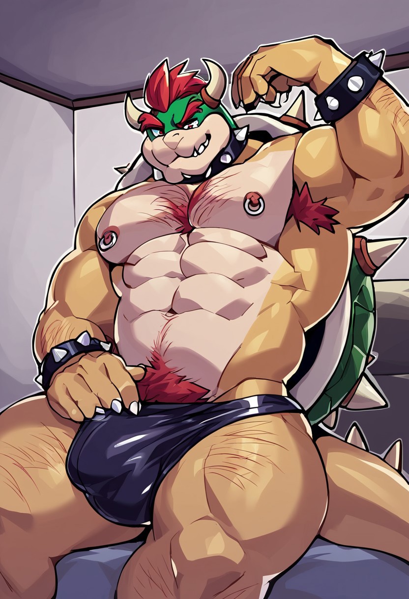 score_9, score_8_up, score_7_up, 2k, 4k, high res, 2d (artwork) cartoon style, Eat_Hymn, no humans, 1boy, solo, Bowser, red eyes, bedroom eyes, furry, smirking, large hips, muscular male, bara, wide hips, large pectorals, abs, Spiked Bracelets, Spiked Collar, Spiky Shell, black fingerless leather gloves, garter straps, spiked harness, leather daddy cap, leather daddy, nipple ring piercings, beard, chest hair, body hair, armpit hair, bottom heavy, thick thighs, latex speedo, large bulge, bedroom background, bright room, inside, sitting, sitting on bed, below pov