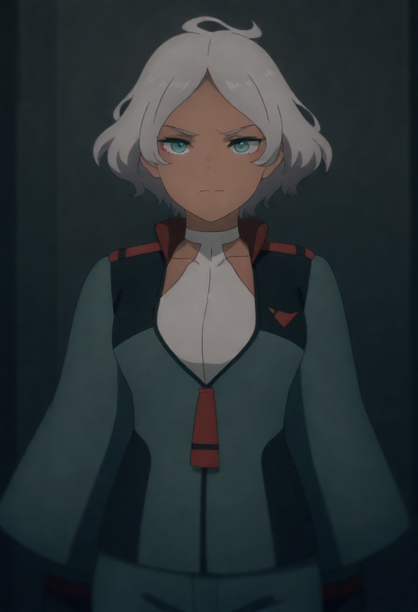 masterpiece, best quality, amazing quality,,, shiny skin,,,,,,,mm,mature female,dark skin,dark-skinned female,grey hair,short hair,green eyes,asticassia school uniform,school uniform,green jacket,white shirt,<lora:Secelia_Dote-Mobile_Suit_Gundam_the_Witch_from_Mercury:0.8>