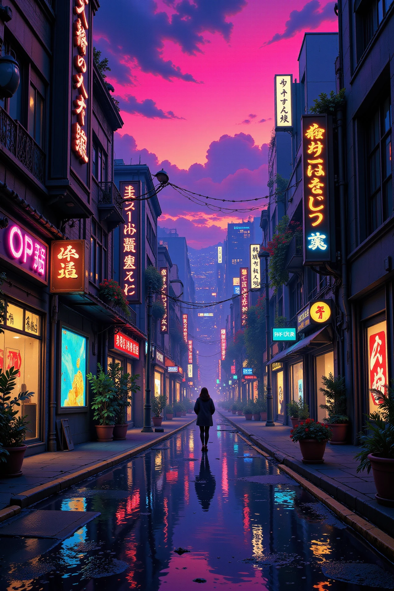 a cyberpunk futuristic street beautiful  landscape, morning, woman, very intricate, very detailed, sharp, bright, colorful, <lora:Hand v2:0.5> <lora:Anti-Blur:1><lora:Insane Detail Slider:0.25>  <lora:flux.1_lora_flyway_Epic-detail_v2:0.3> <lora:fluxenhancer:0.25> <lora:Anime_style:0.6> anime style