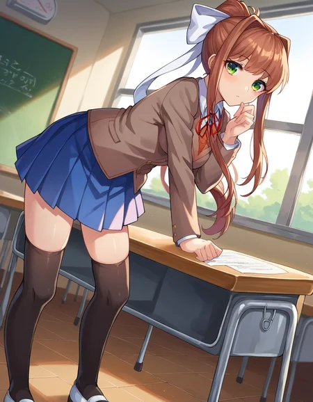 score_9, score_8_up, score_7_up, source_anime,
ddlcmonika, <lora:ddlc-monika-ponyxl-lora-nochekaiser:1>
ddlcmonika, blunt bangs, brown hair, green eyes, long hair, ponytail, ribbon, white ribbon, hair ribbon, sidelocks,
black thighhighs, blue skirt, brown jacket, jacket, long sleeves, mary janes, over-kneehighs, pleated skirt, school uniform, shoes, skirt, thighhighs, zettai ryouiki,
indoors, classroom, bent over,
looking at viewer, dutch angle, cowboy shot,