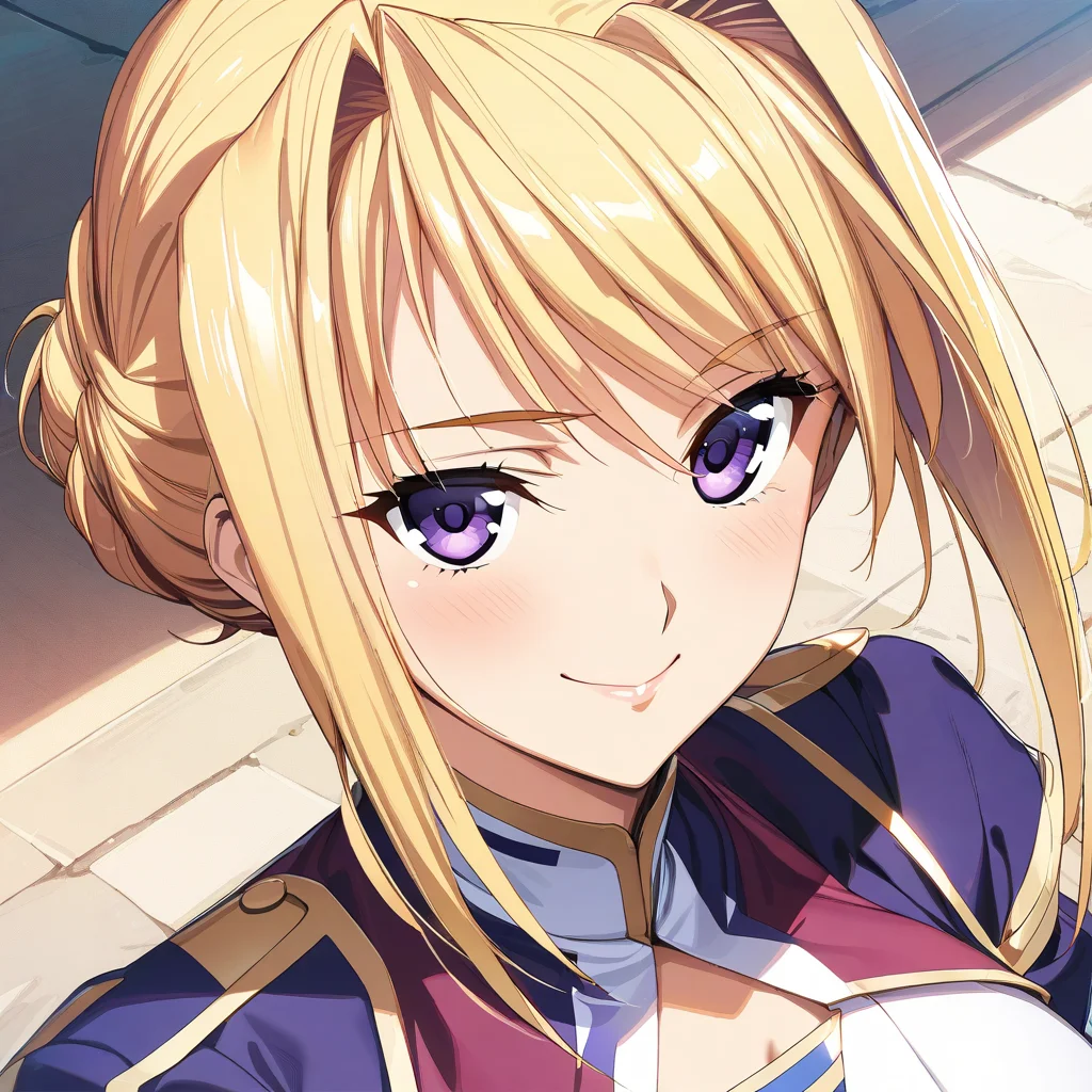 1girl, solo. sylvia_van_hossen, large breasts, blonde hair, purple eyes, hair bun, close up, portrait, smile, <lora:XL-SylviavanHossen:1>, (masterpiece),(best quality),(ultra-detailed),(best illustration),(best shadow),(absurdres),(detailed background),(very aesthetic),