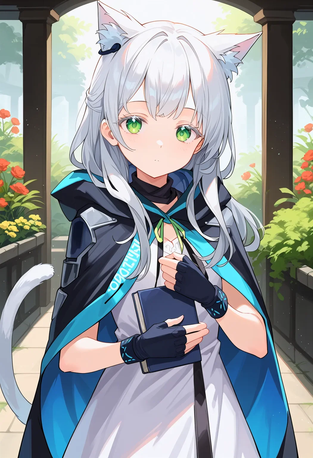 rosmontis, score_9, best quality,
white eyelashes, 1girl, animal ears, green eyes, long hair, cat ears, gloves, fingerless gloves, dress, looking at viewer, holding, black gloves, earpiece, grey hair, cat girl, cat tail, white dress, tail, animal ear fluff, holding book, bangs, hood down, closed mouth, hood, cloak, open clothes,
expressionless, portrait, upper body, standing, garden,
<lora:rosmontisXL_pony:1>