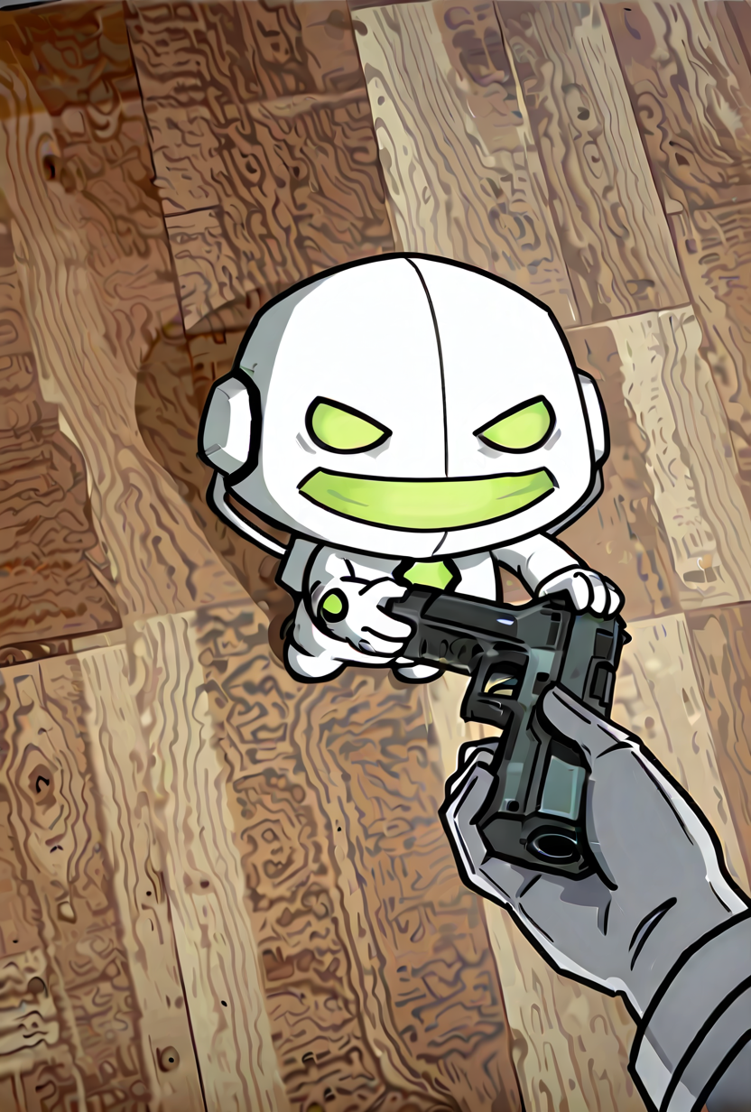 <lora:echoecho-10:1> echoecho, male focus, 1boy, no humans, white bodysuit, green eyes, green mouth, smile, closed mouth <lora:Go_Do_a_crime:1> holding gun, chibi, Go do a crime, masterpiece, best quality, amazing quality, very aesthetic, absurdres, newest,