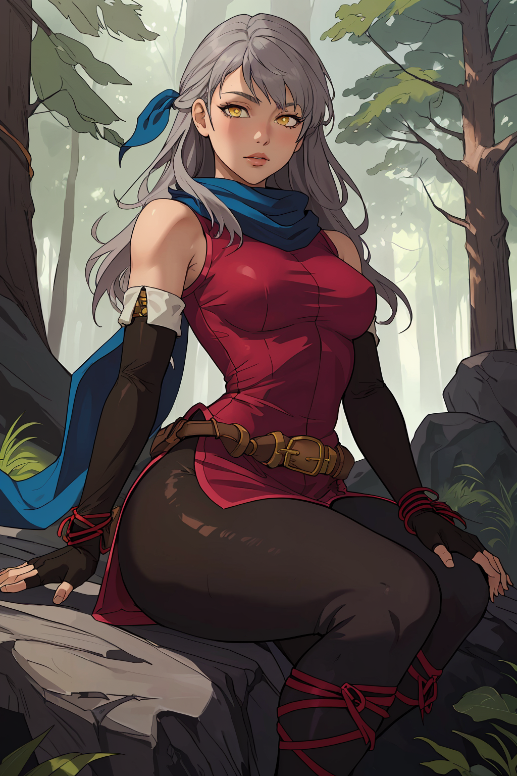 masterpiece, best quality,1girl, solo, facing viewer, <lora:EPfeMicaiah-07:1>, EPfeMicaiah, 1girl, long hair, grey hair, yellow eyes, bare shoulders, belt, black gloves, black leggings, blue scarf, bracelet, breasts, red dress, elbow gloves, fingerless gloves, gloves, hair ribbon,  jewelry, leggings,  medium breasts, pantyhose, ribbon, scarf, side slit, sleeveless, sleeveless dress, forest, rock, sitting, forest clearing