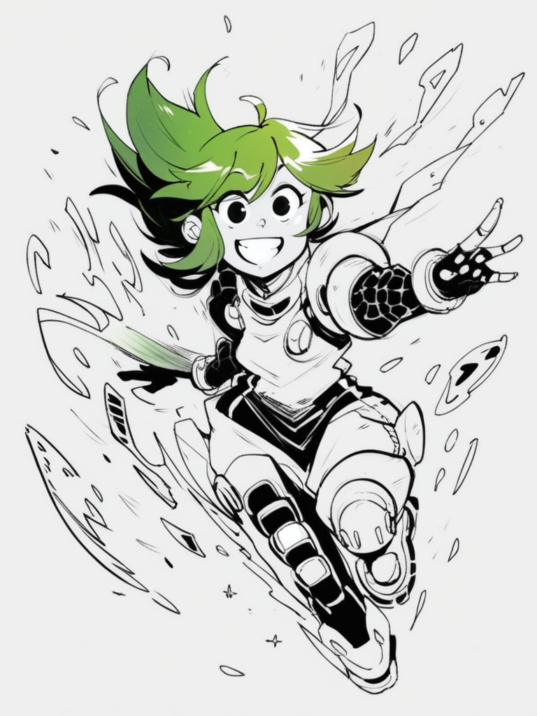 score_9, score_8_up, score_7_up, score_6_up, little girl shooting a giant gun, laser, explosion, green hair, floating hair, laughing, destroyed city, futuristic, looking at viewer, cowboy shot, dynamic pose, smile, cute, wide shot, solo, dutch angle, 
<lora:INKtoonXLP_Style:1> InkToon, monochrome, black eyes, simple white  background, cute, sketch, thin line, cartoon, splash art, concept art
