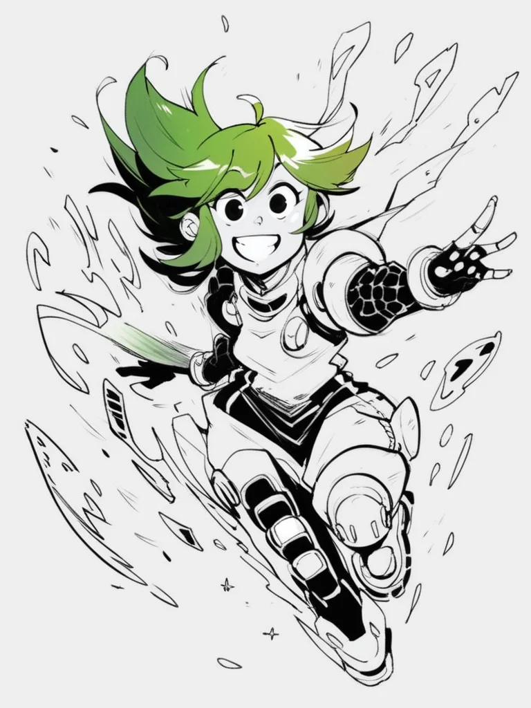 score_9, score_8_up, score_7_up, score_6_up, little girl shooting a giant gun, laser, explosion, green hair, floating hair, laughing, destroyed city, futuristic, looking at viewer, cowboy shot, dynamic pose, smile, cute, wide shot, solo, dutch angle,
<lora:INKtoonXLP_Style:1> InkToon, monochrome, black eyes, simple white background, cute, sketch, thin line, cartoon, splash art, concept art