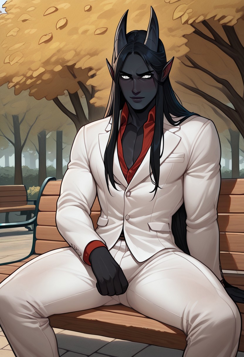 masterpiece, best quality, absurdres, frostbite, Erebus, pitch black skin, male, pure white eyes, large fin ear, straight back horns, long black hair, muscular and regal physique, white suit, white pants, red shirt, sitting on bench, park,