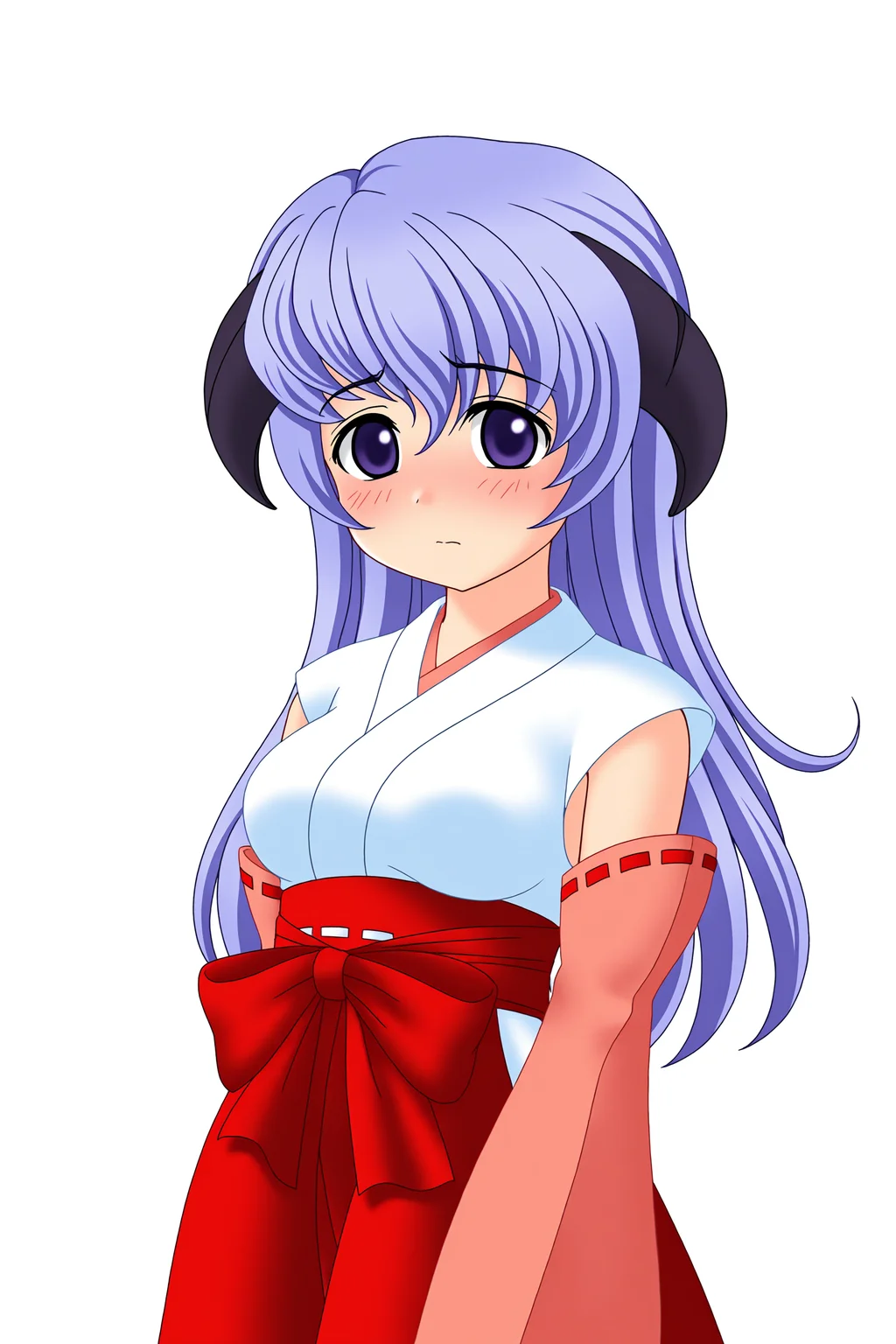 higurashiog, 1girl, hanyuu, solo, horns, medium breasts, purple eyes, purple hair, long hair, ((simple background, white background)), japanese clothes, miko, skirt, hakama, hakama skirt, red detached sleeves, red hakama, blush, looking at viewer, upper body, (atmospheric perspective), 
(masterpiece, best quality, absurdres, highres), very awa, 